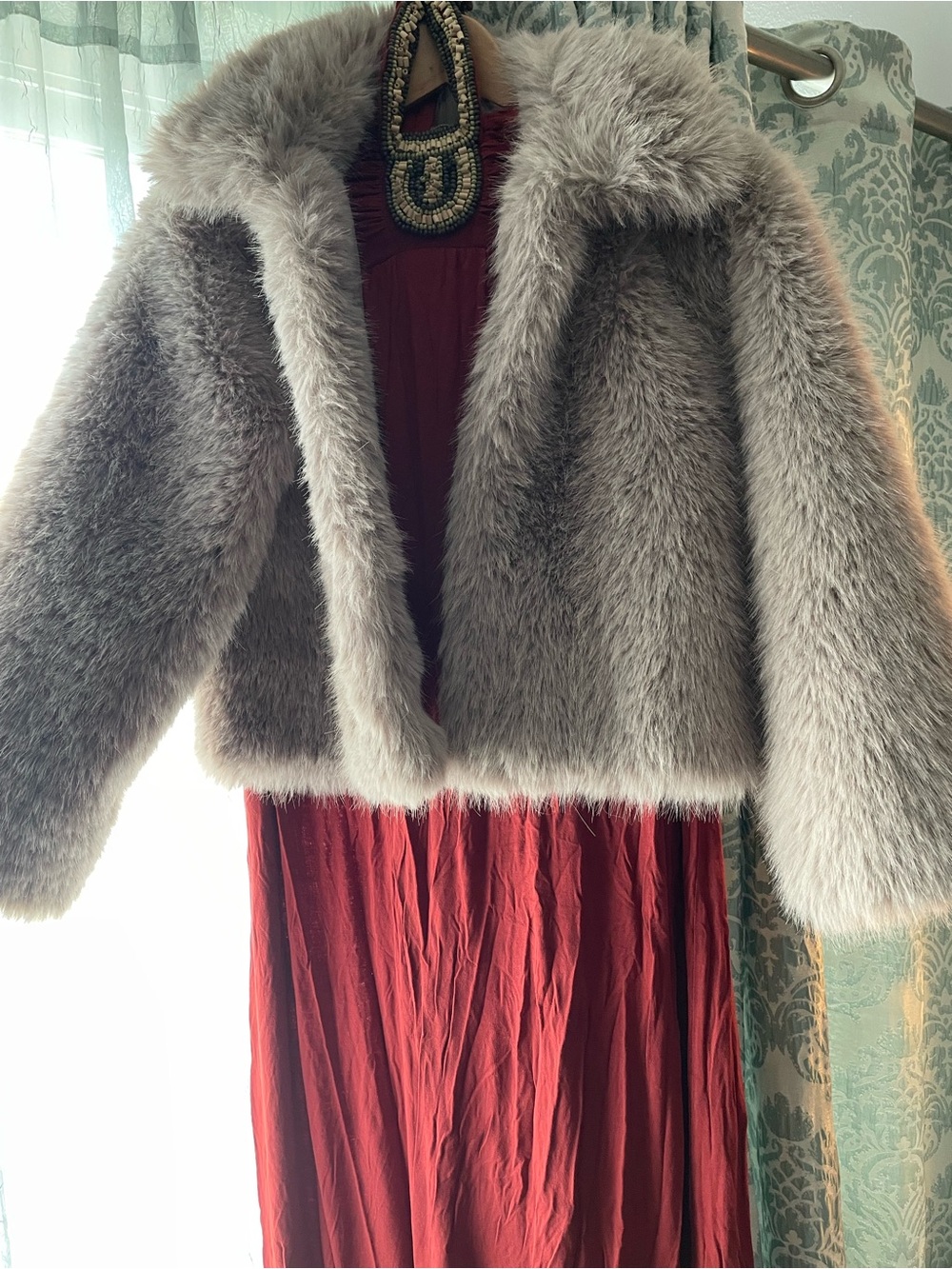 New GAP Faux Fur Jacket in color Quail Bundle w/ halter beaded dress